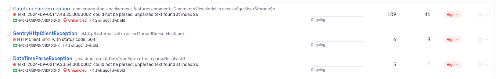 Crash statistics showing multiple timestamp parsing crashes