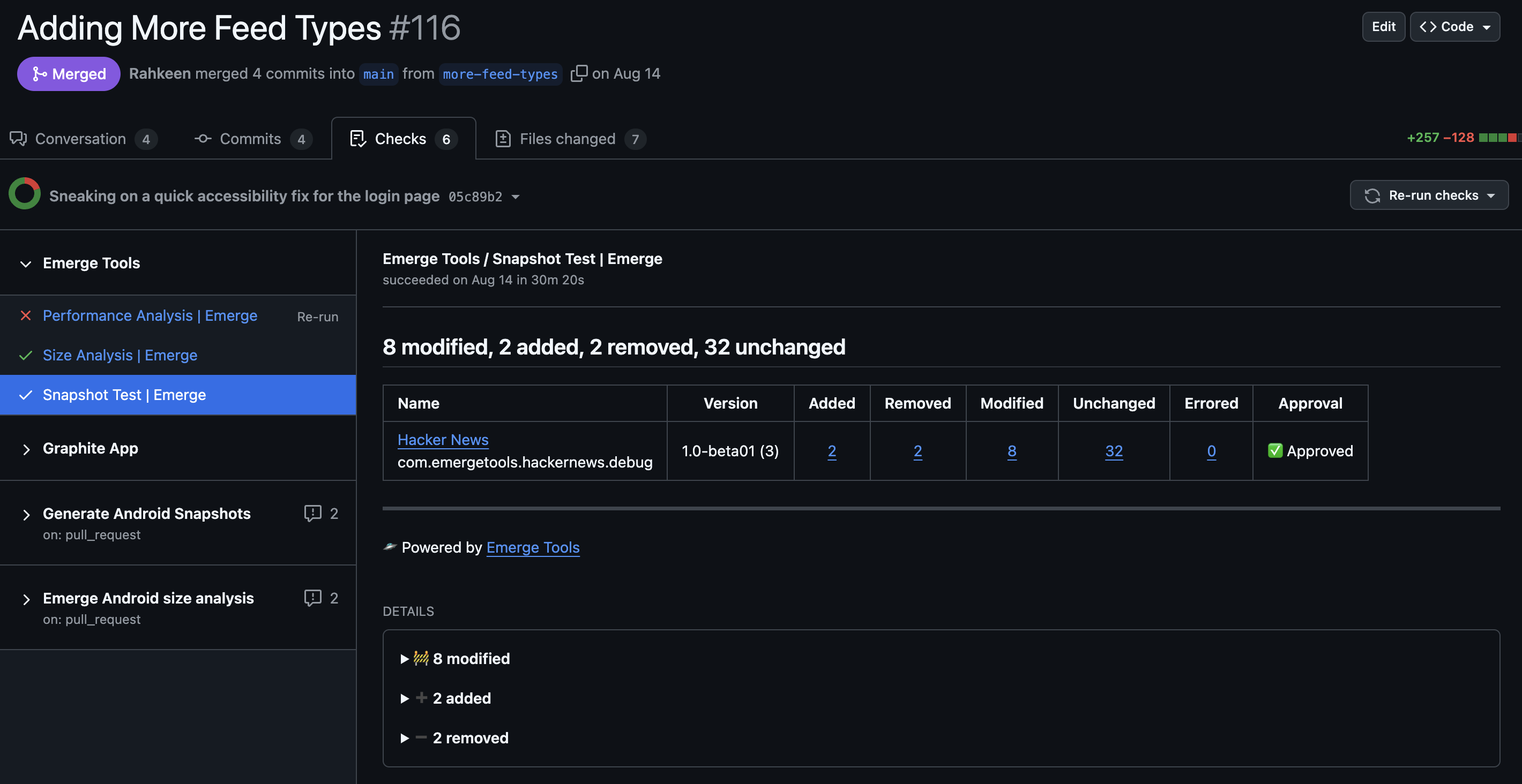 A status check showing snapshot test results