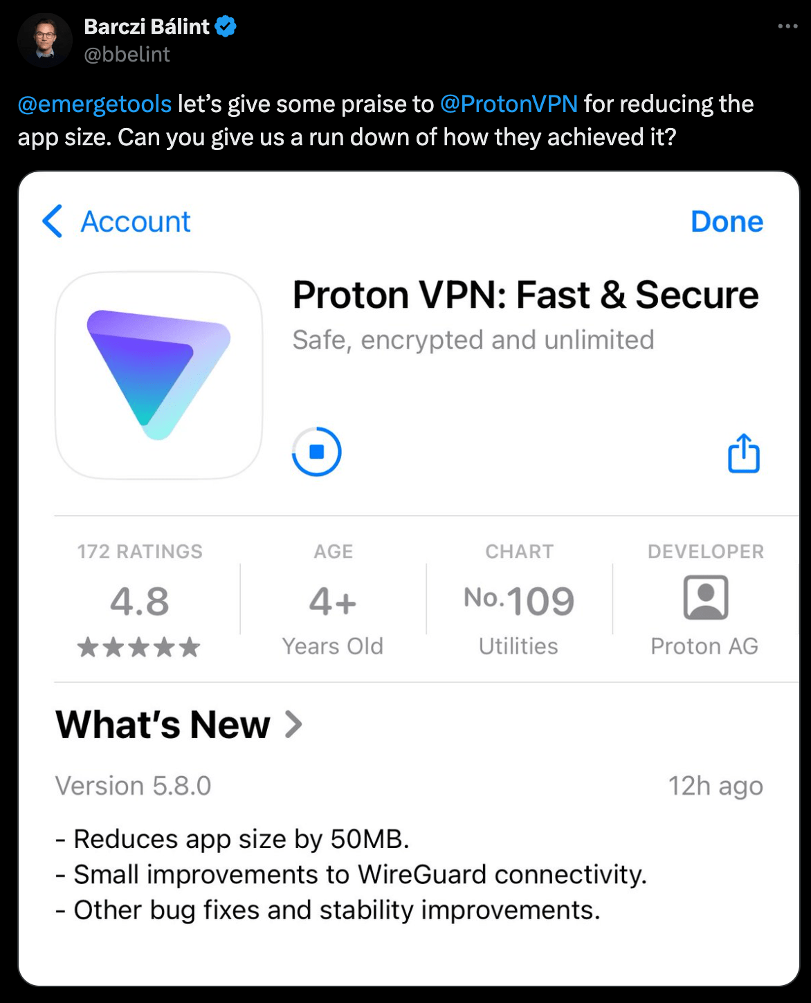 Tweet asking Emerge Tools to give a rundown of how Proton VPN reduced app size