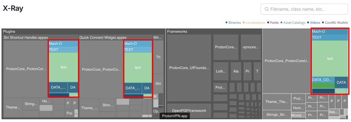 X-Ray diff showing binary size changes