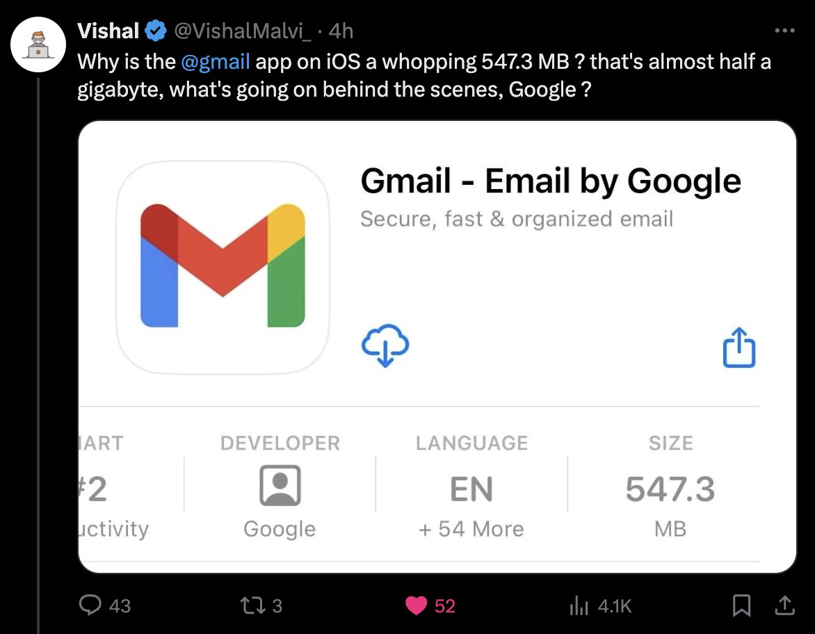 Tweet asking why is Gmail so big