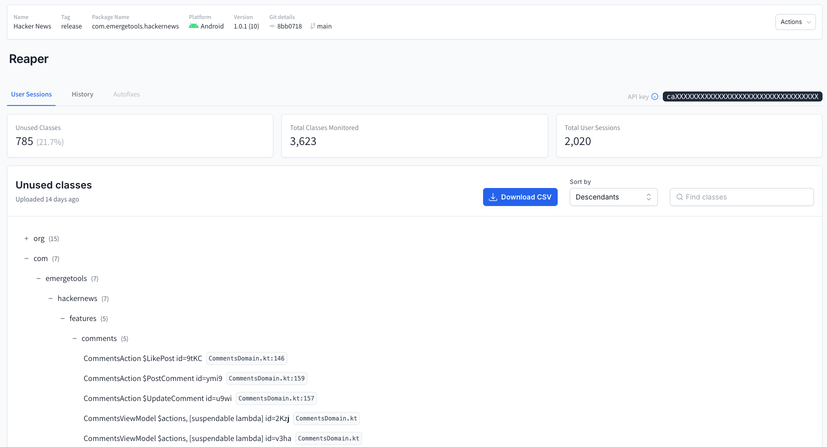 Screenshot of Hacker News with Reaper SDK showing aggregated class usage data